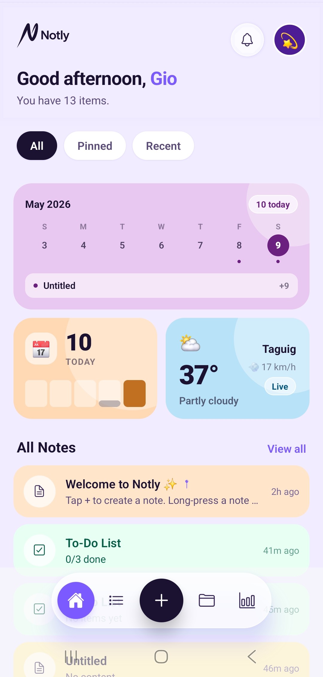 Notly home screen